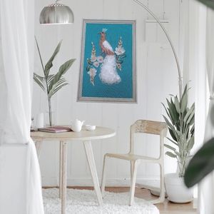 Vintage 60s Peacock Seashell Boho Art Decor with Light Wooden Frame